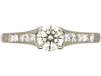 18ct White Gold Diamond Solitaire Ring with Princess Cut Diamond Shoulders