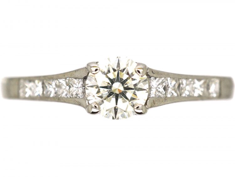 18ct White Gold Diamond Solitaire Ring with Princess Cut Diamond Shoulders