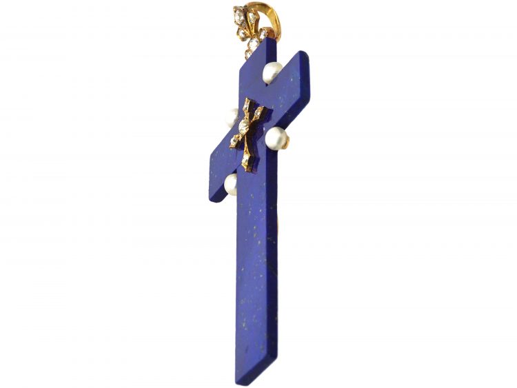 Victorian Lapis Lazuli, Rose Diamond & Natural Pearl Cross
