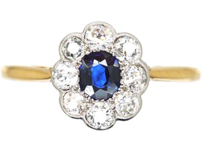 Edwardian 18ct Gold & Platinum, Sapphire & Diamond Cluster Ring