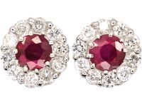 18ct White Gold, Ruby & Diamond Cluster Earrings