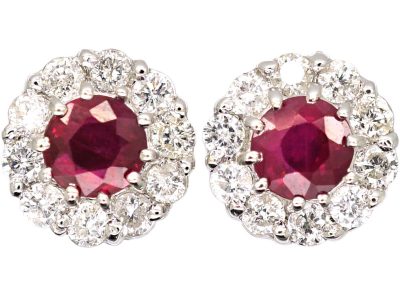 18ct White Gold, Ruby & Diamond Cluster Earrings