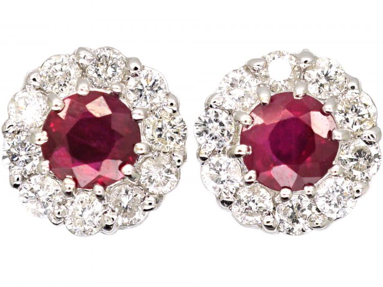 18ct White Gold, Ruby & Diamond Cluster Earrings