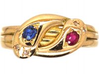 Victorian 15ct Gold Double Snake Ring set with a Ruby & Sapphire With Rose Diamond Eyes