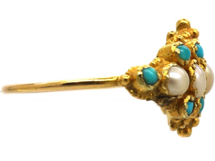 Regency 18ct Gold, Turquoise & Natural Split Pearl Ring