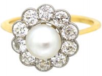 18ct Gold & Platinum, Natural Pearl & Diamond Cluster Ring