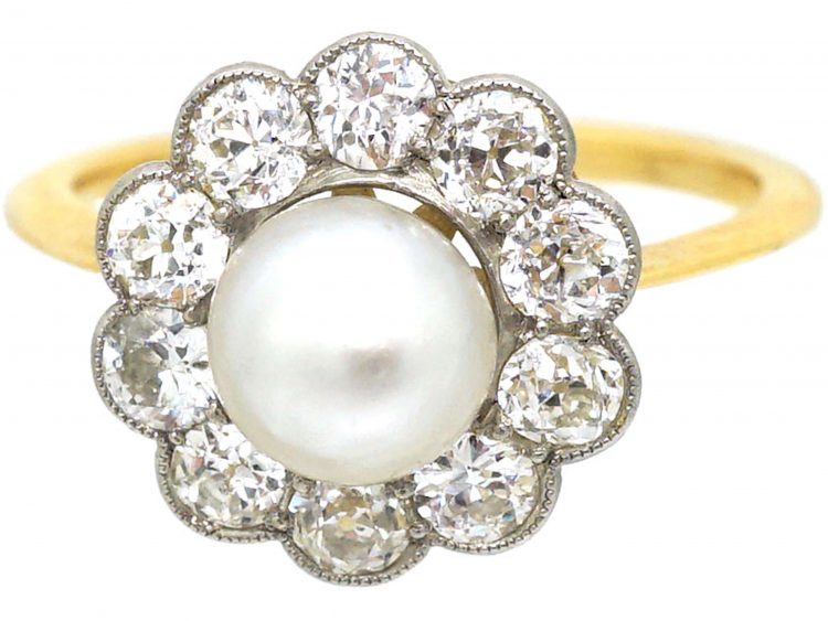 18ct Gold & Platinum, Natural Pearl & Diamond Cluster Ring