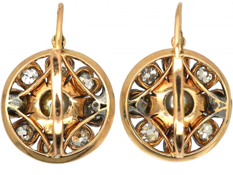 French 18ct Gold Belle Epoque 18ct Gold, Old Mine Cut Diamond & Natural Bouton Pearl Cluster Earrings