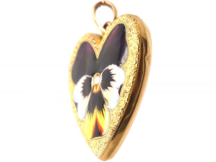Edwardian 18ct Gold, Large Heart Shaped Pendant with Enamelled Pansy & Natural Split Pearl