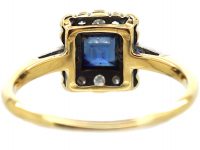 Art Deco 18ct Gold, Sapphire & Diamond Square Ring with Sapphire Shoulders
