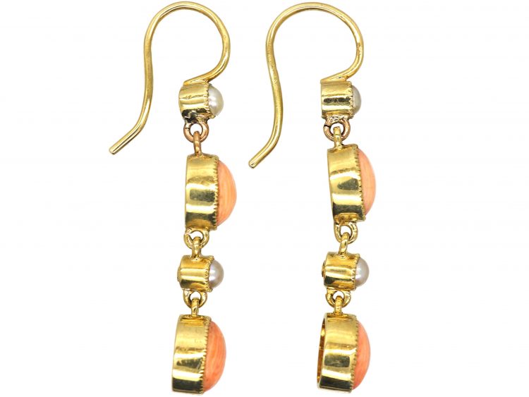 Edwardian 15ct Gold, Angel Skin Coral & Natural Split Pearl Drop Earrings