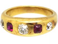 Victorian 18ct Gold, Five Stone Ruby & Diamond Rub Over Set Ring