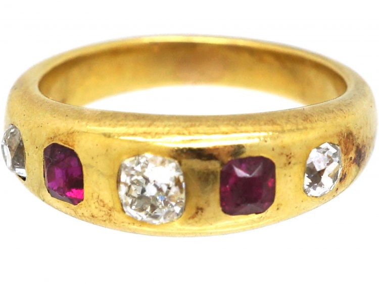 Victorian 18ct Gold, Five Stone Ruby & Diamond Rub Over Set Ring