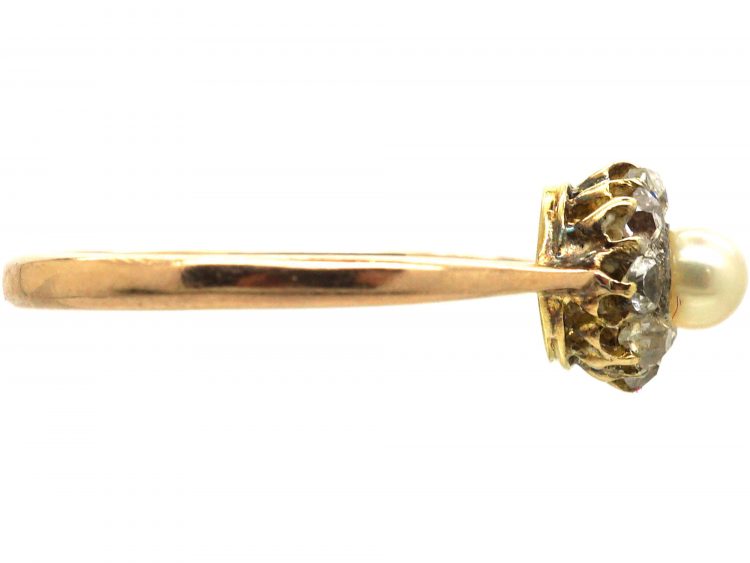 Edwardian 9ct Gold, Rose Diamond & Natural Pearl Cluster Ring