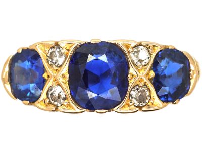 Edwardian 18ct Gold, Three Stone Sapphire & Diamond Carved Half Hoop Ring