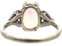 Art Deco 18ct White Gold & Platinum, Water Opal Ring with Diamond set Leaf Shoulders