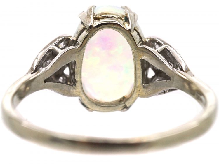 Art Deco 18ct White Gold & Platinum, Water Opal Ring with Diamond set Leaf Shoulders