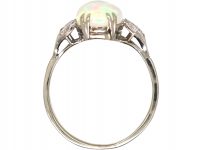Art Deco 18ct White Gold & Platinum, Water Opal Ring with Diamond set Leaf Shoulders