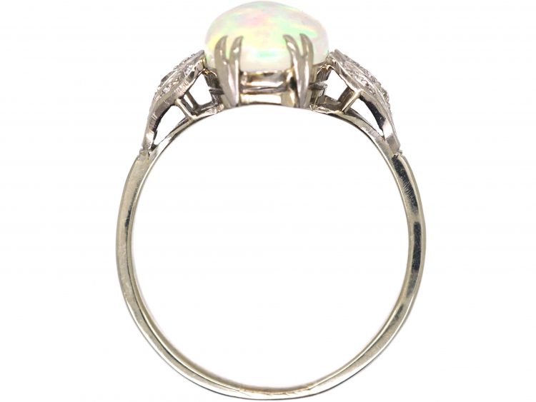 Art Deco 18ct White Gold & Platinum, Water Opal Ring with Diamond set Leaf Shoulders