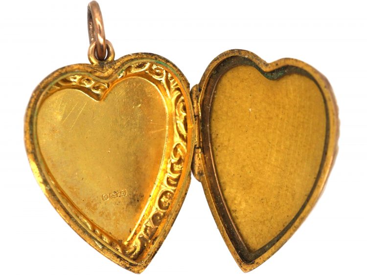 Edwardian 9ct Gold Heart Shaped Locket with Engraved Rose Motif