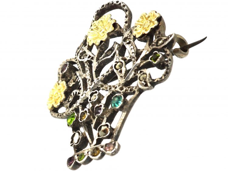 Edwardian Silver, Silver Gilt, Marcasite & Paste Giardinetti Brooch