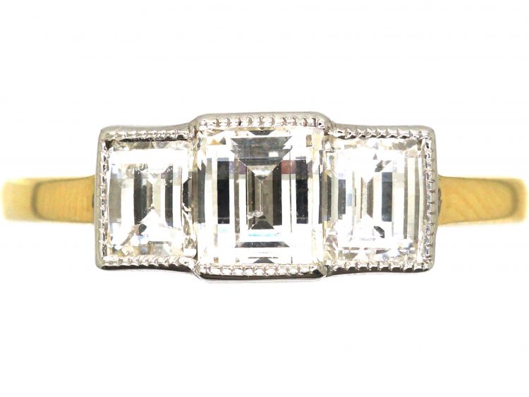 18ct Yellow & White Gold, Three Stone Rectangular Shaped Diamond Ring