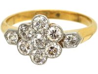 Edwardian 18ct Gold & Platinum, Diamond Cluster Ring with Diamond set Shoulders