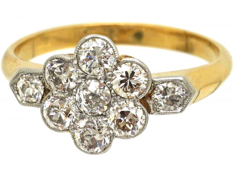 Edwardian 18ct Gold & Platinum, Diamond Cluster Ring with Diamond set Shoulders