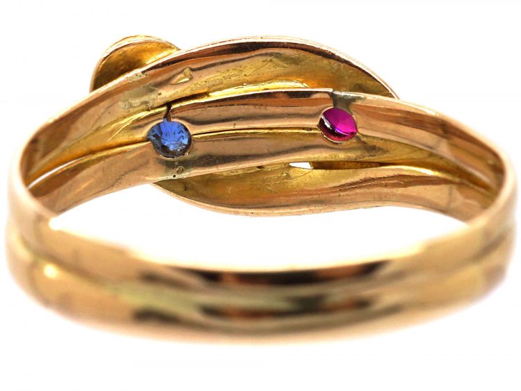 Victorian 15ct Gold Double Snake Ring set with a Ruby & Sapphire With Rose Diamond Eyes