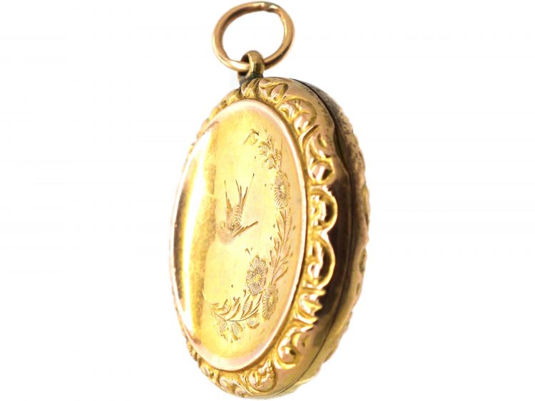 Edwardian 9ct Back & Front Round Locket with Engraved Swallow Motif