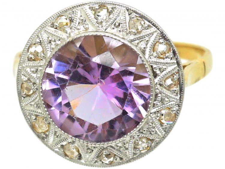 Art Deco 18ct Gold & Platinum, Rose de France Amethyst & Rose Diamond Ring