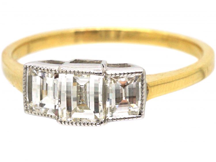 18ct Yellow & White Gold, Three Stone Rectangular Shaped Diamond Ring