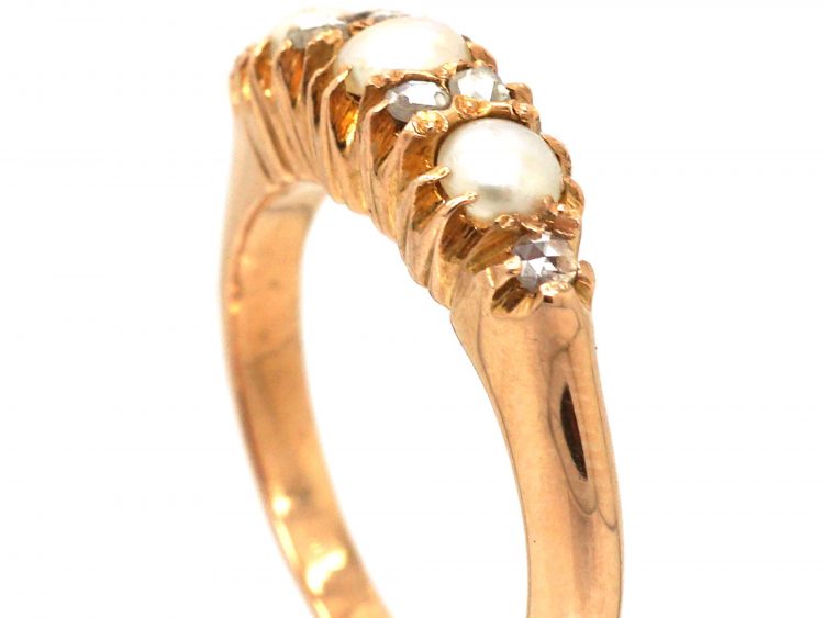 Victorian 18ct Gold Ring set with Three Natural Split Pearls with Rose Diamond Detail