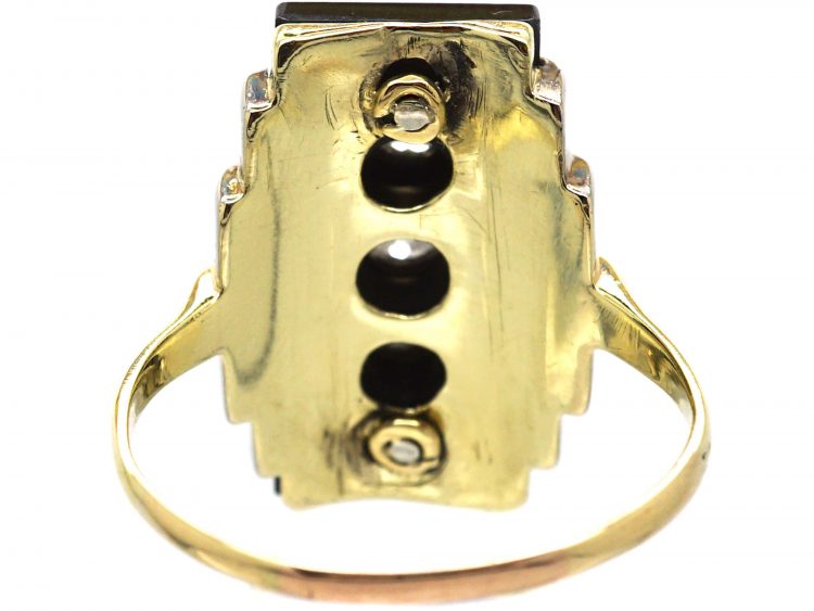Art Deco 14ct White & Yellow Gold Onyx & Three Stone Diamond Rectangular Shaped Ring
