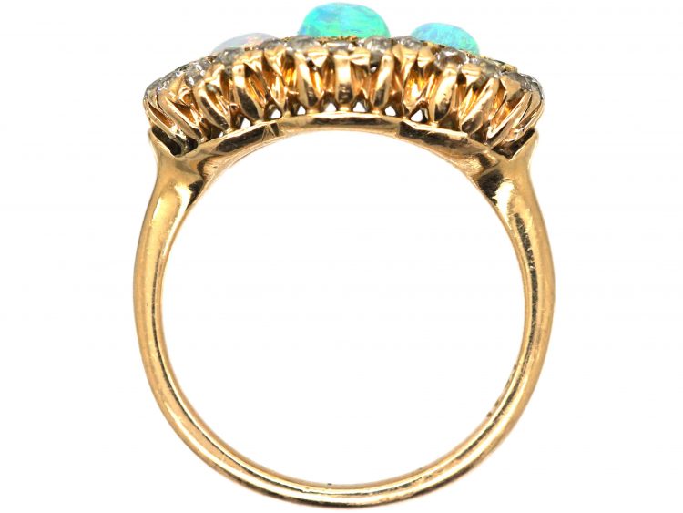 Early 20th Century 14ct Gold, Three Stone Opal Surrounded by Green Garnets & Diamonds Ring