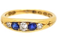 Victorian 18ct Gold Boat Shaped Ring set with Sapphires & Diamonds