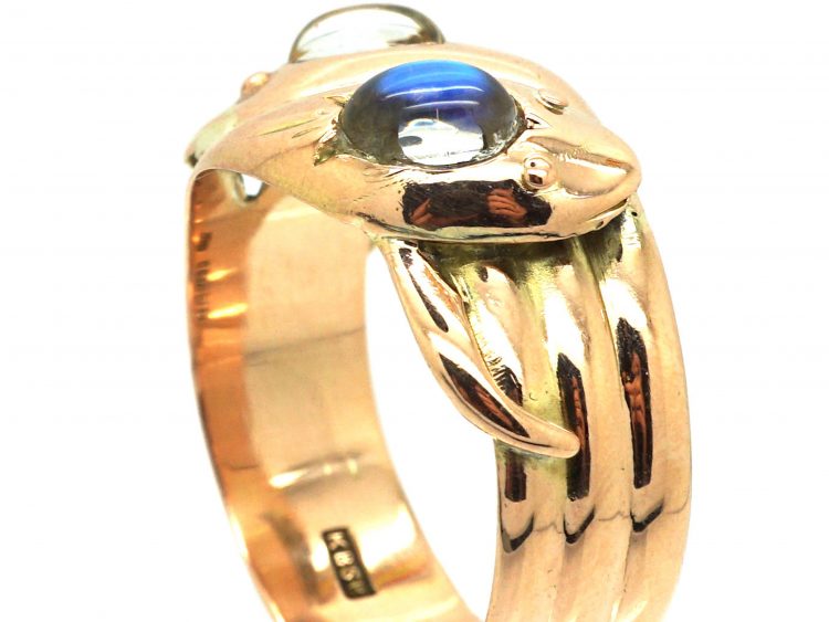 Edwardian 9ct Gold Double Snake Ring set with Moonstones