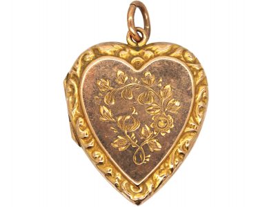 Edwardian 9ct Gold Heart Shaped Locket with Engraved Rose Motif