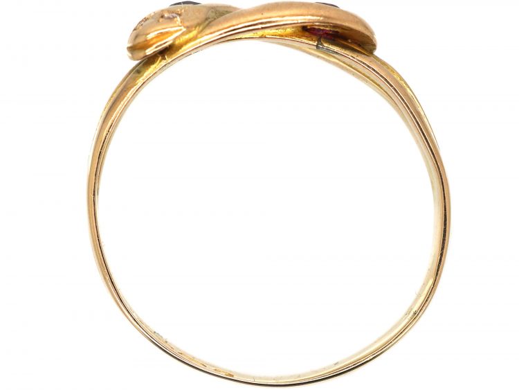 Victorian 15ct Gold Double Snake Ring set with a Ruby & Sapphire With Rose Diamond Eyes