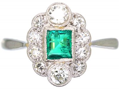 Art Deco 18ct Gold & Platinum, Diamond & Emerald Cluster Ring