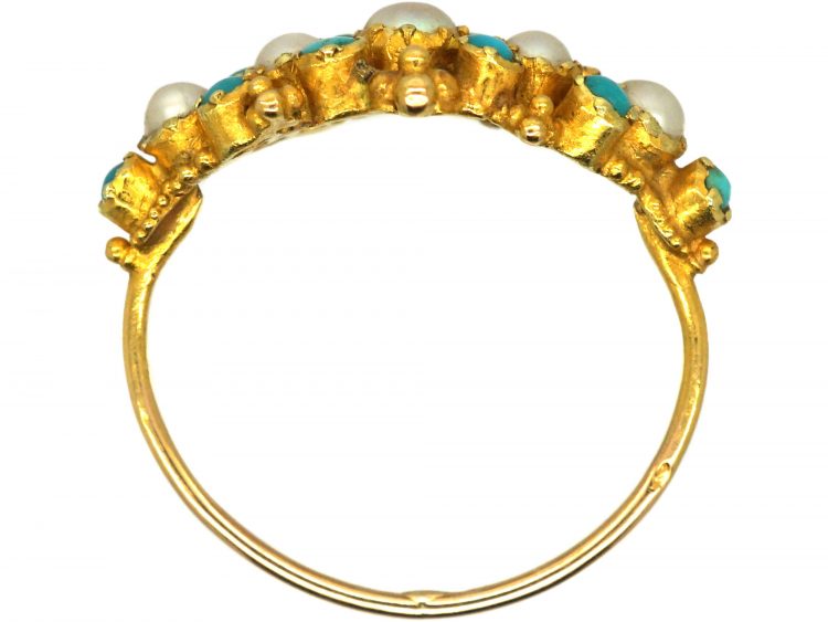 Regency 18ct Gold, Turquoise & Natural Split Pearl Ring