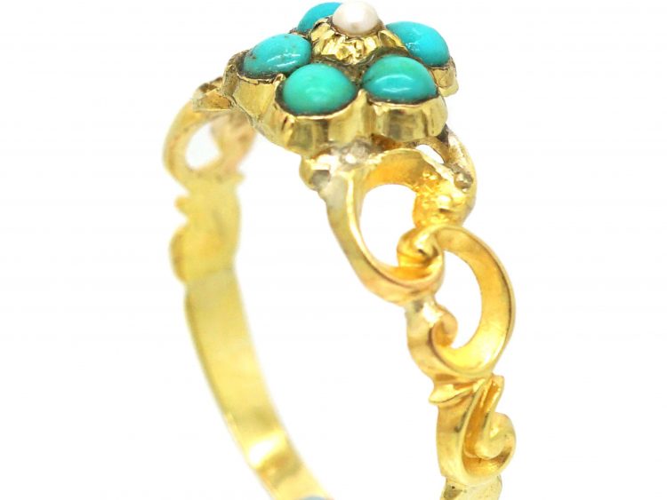 Regency 15ct Gold, Turquoise & Natural Split Pearl Forget Me Not Ring