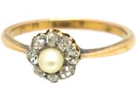 Edwardian 9ct Gold, Rose Diamond & Natural Pearl Cluster Ring