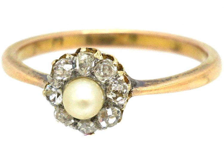Edwardian 9ct Gold, Rose Diamond & Natural Pearl Cluster Ring