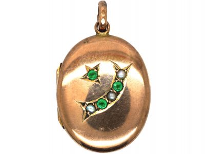 Edwardian 9ct Gold Back & Front Oval Locket with Green Paste & Natural Split Pearl Motif