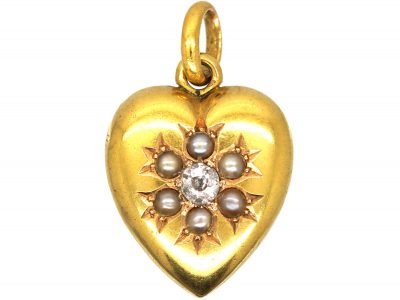 Edwardian 15ct Gold Heart Pendant set with a Diamond & Natural Split Pearls