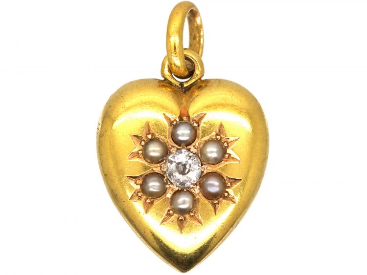 Edwardian 15ct Gold Heart Pendant set with a Diamond & Natural Split Pearls
