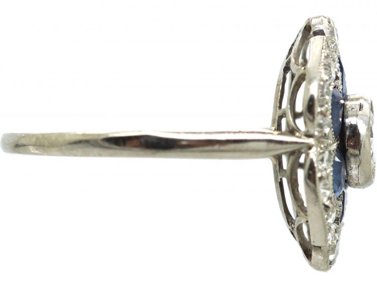 Art Deco Platinum, Sapphire & Diamond Geometric Flower Ring