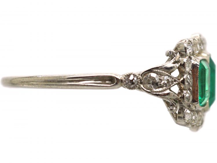 Art Deco Platinum, Three Stone Emerald & Diamond Cluster Ring