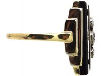 Art Deco 14ct White & Yellow Gold Onyx & Three Stone Diamond Rectangular Shaped Ring